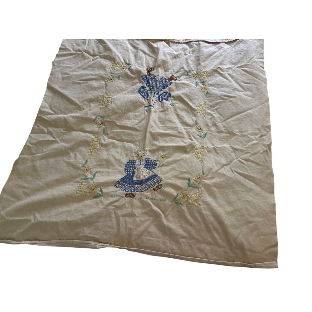Vtg hand Embroidered Tablecloth  Dutch Girl &Floral kitschy table top  decor